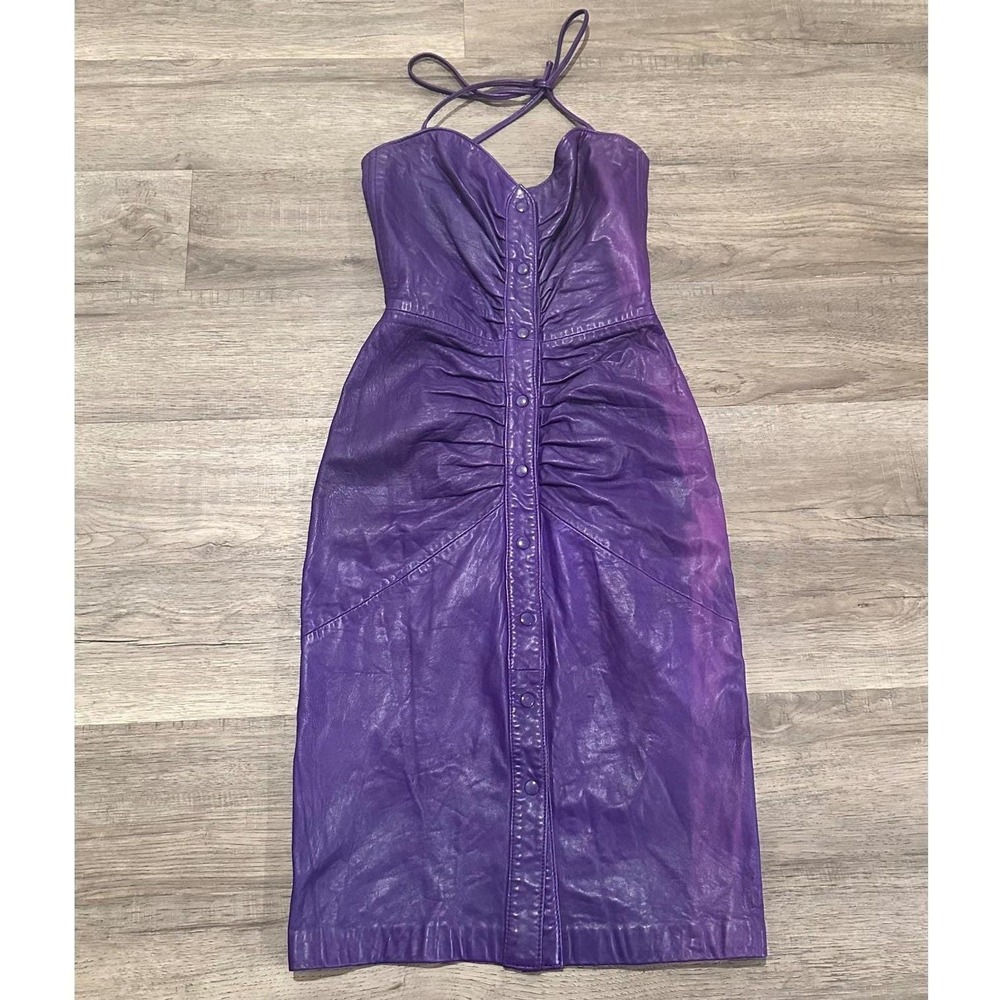 VTG Michael Hoban North Beach Leather Purple Ruched Halter Dress '80's Womens S